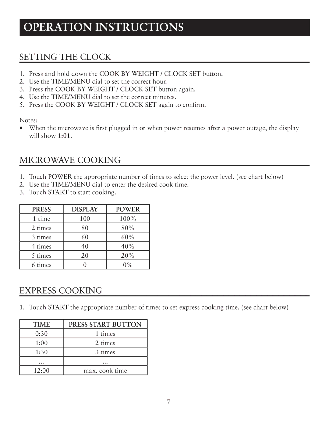 Oster OTM1101GBS user manual Operation Instructions, Setting the Clock, Microwave Cooking, Express Cooking 