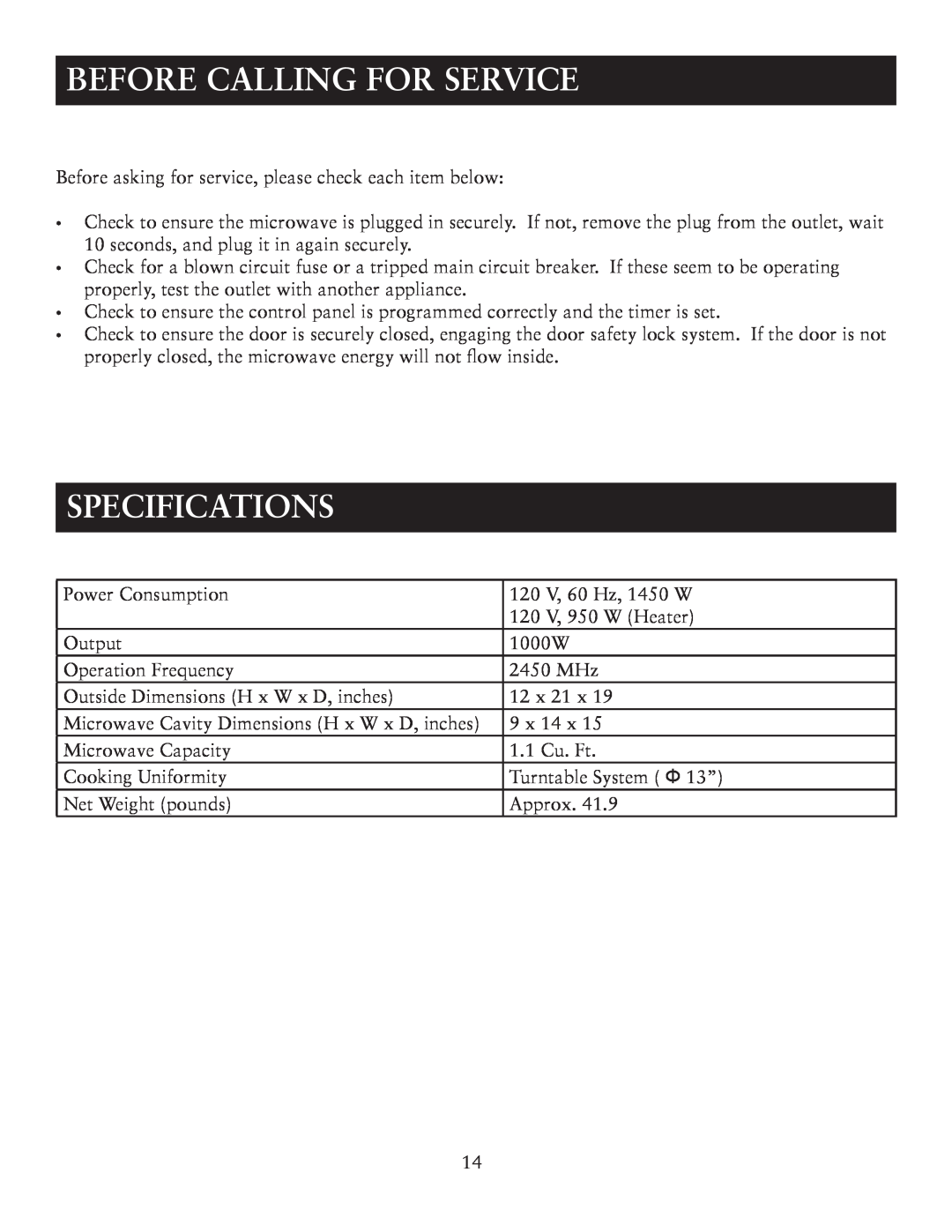 Oster OTM1101GBS user manual Before Calling For Service, Specifications 