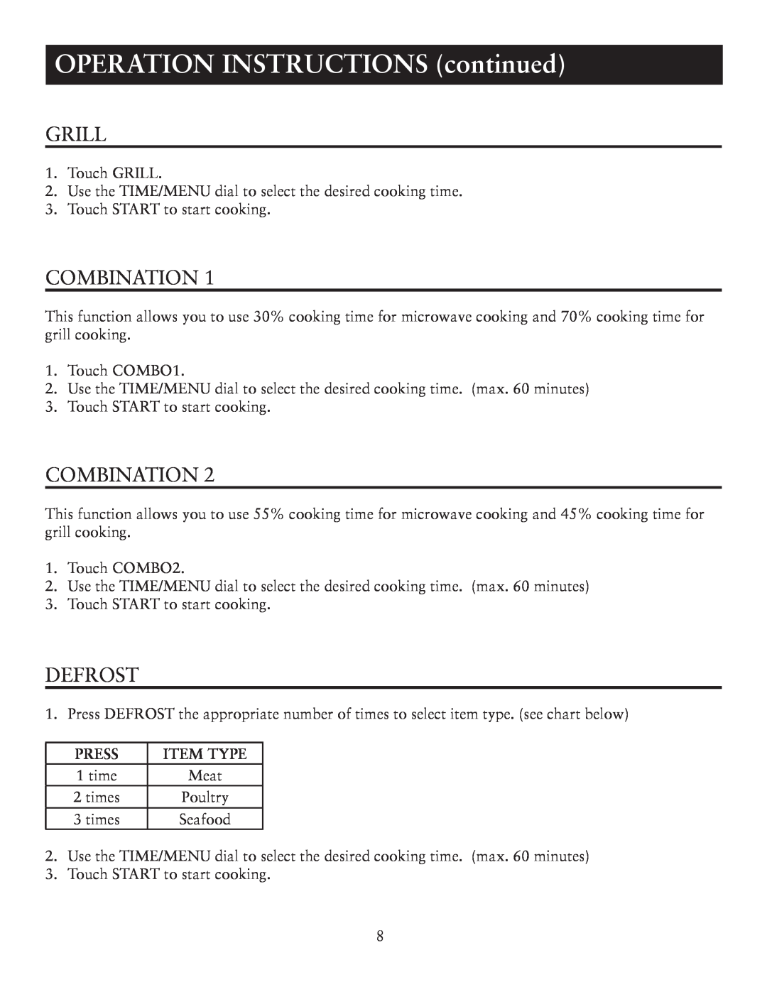 Oster OTM1101GBS user manual OPERATION INSTRUCTIONS continued, Grill, Combination, Defrost, Press, Item Type 