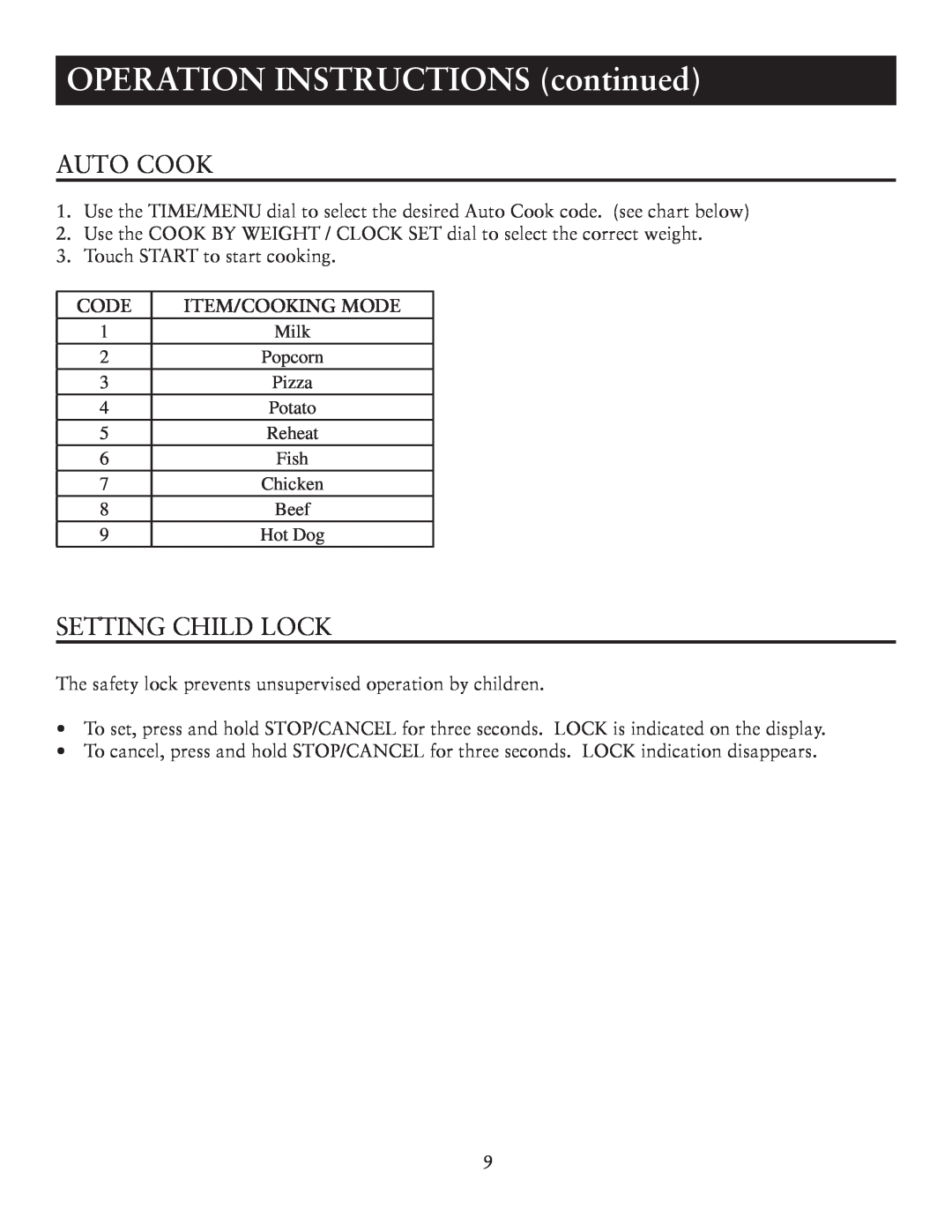 Oster OTM1101GBS user manual Auto Cook, Setting Child Lock, OPERATION INSTRUCTIONS continued, Code, Item/Cooking Mode 