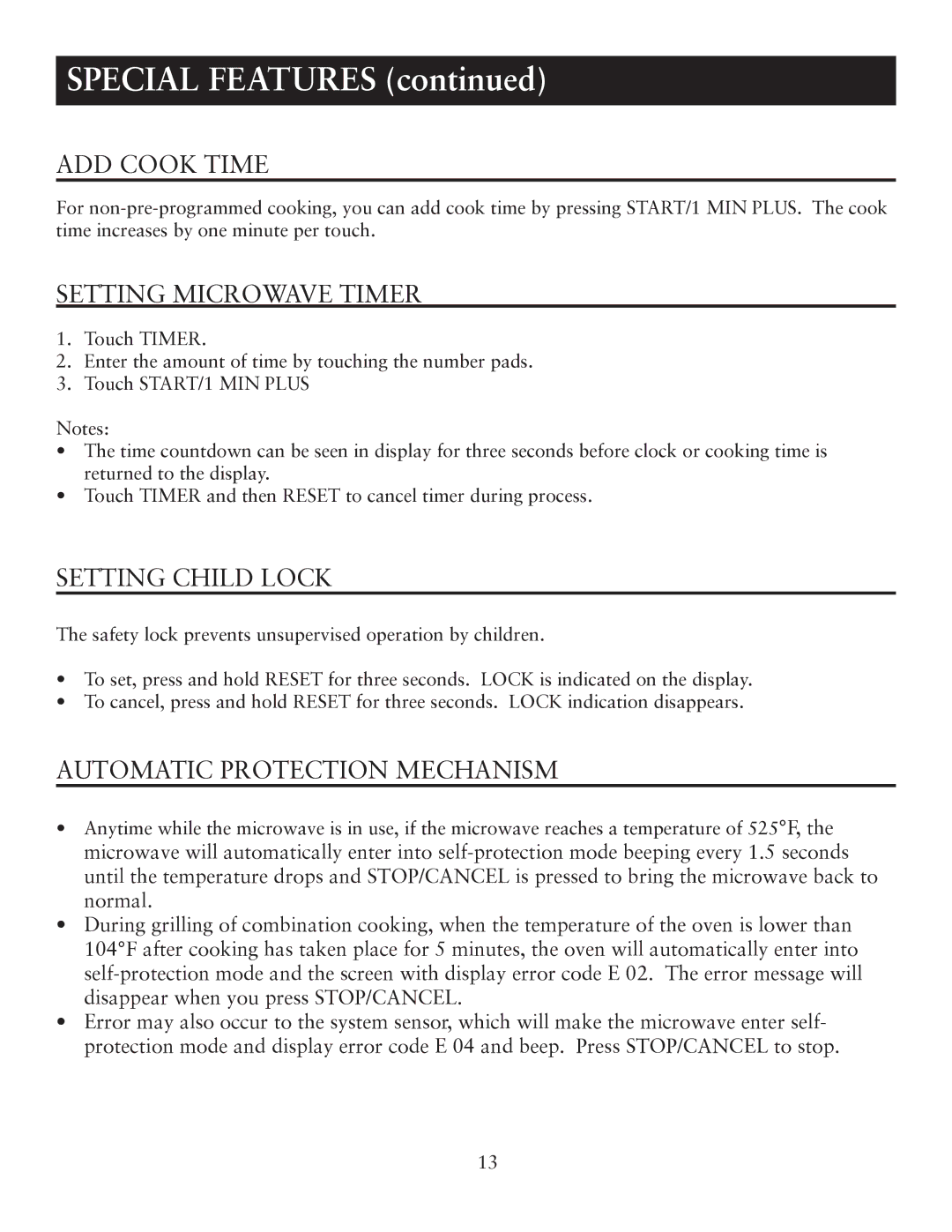 Oster OTM1101VBS user manual ADD Cook Time, Setting Microwave Timer, Setting Child Lock, Automatic Protection Mechanism 