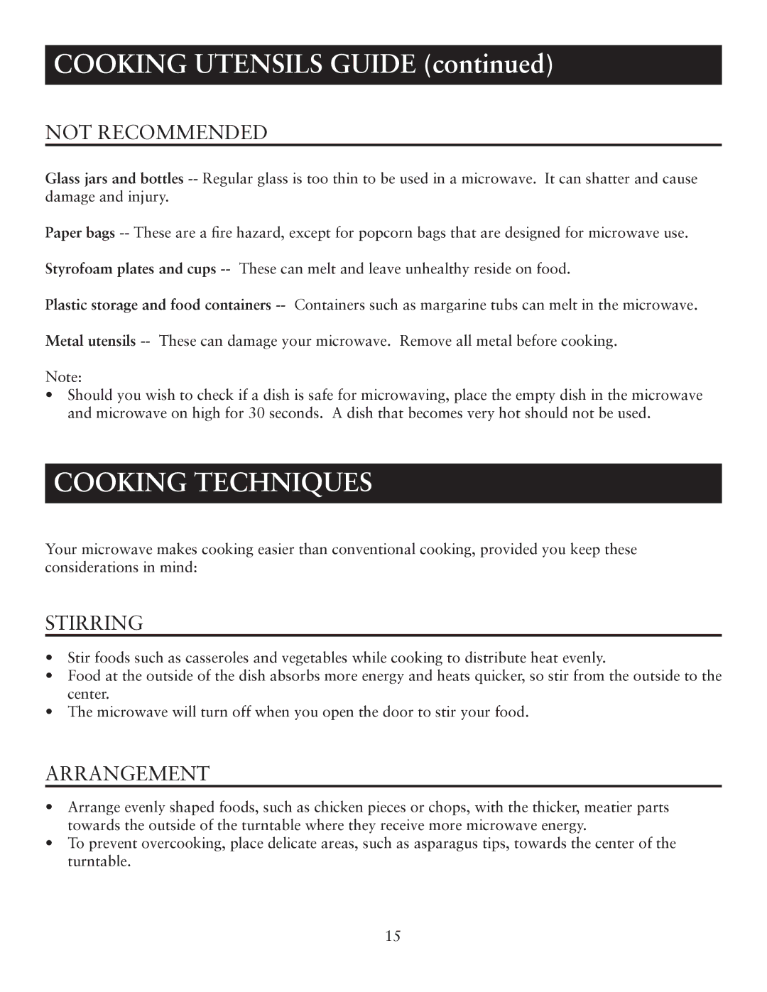 Oster OTM1101VBS user manual Cooking Utensils Guide, Cooking Techniques, Not Recommended, Stirring, Arrangement 