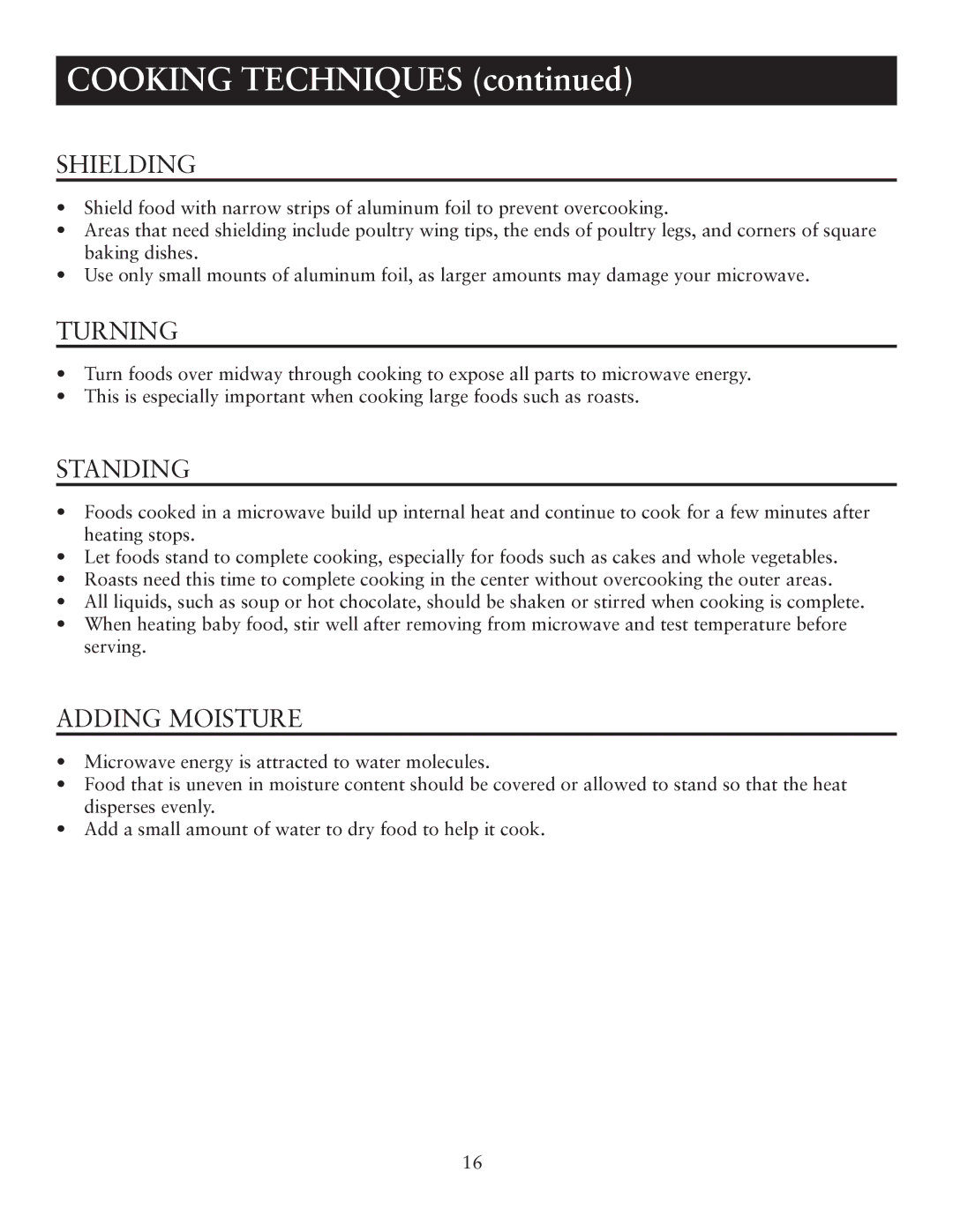 Oster OTM1101VBS user manual Cooking Techniques, Shielding, Turning, Standing, Adding Moisture 