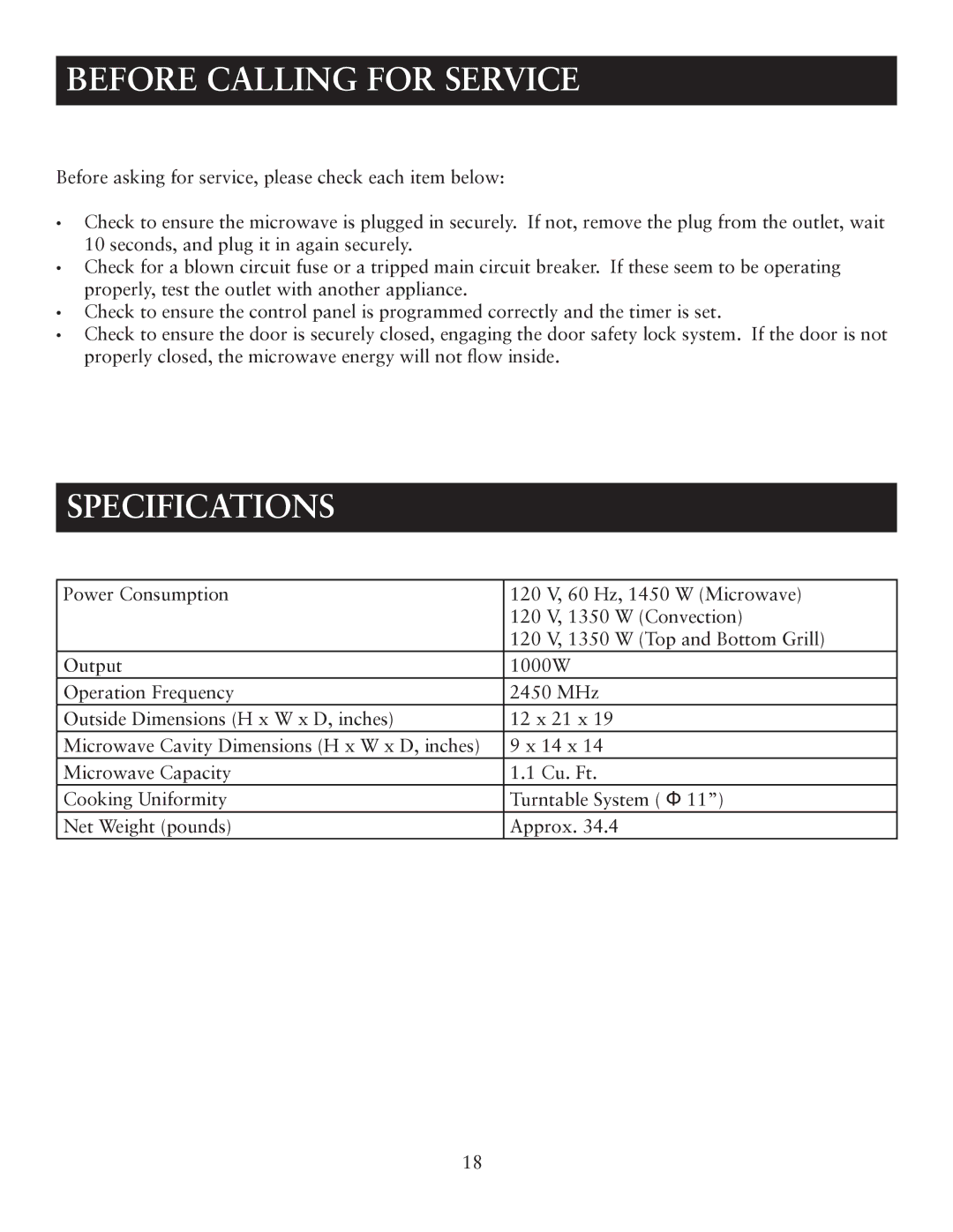 Oster OTM1101VBS user manual Before Calling for Service, Specifications 