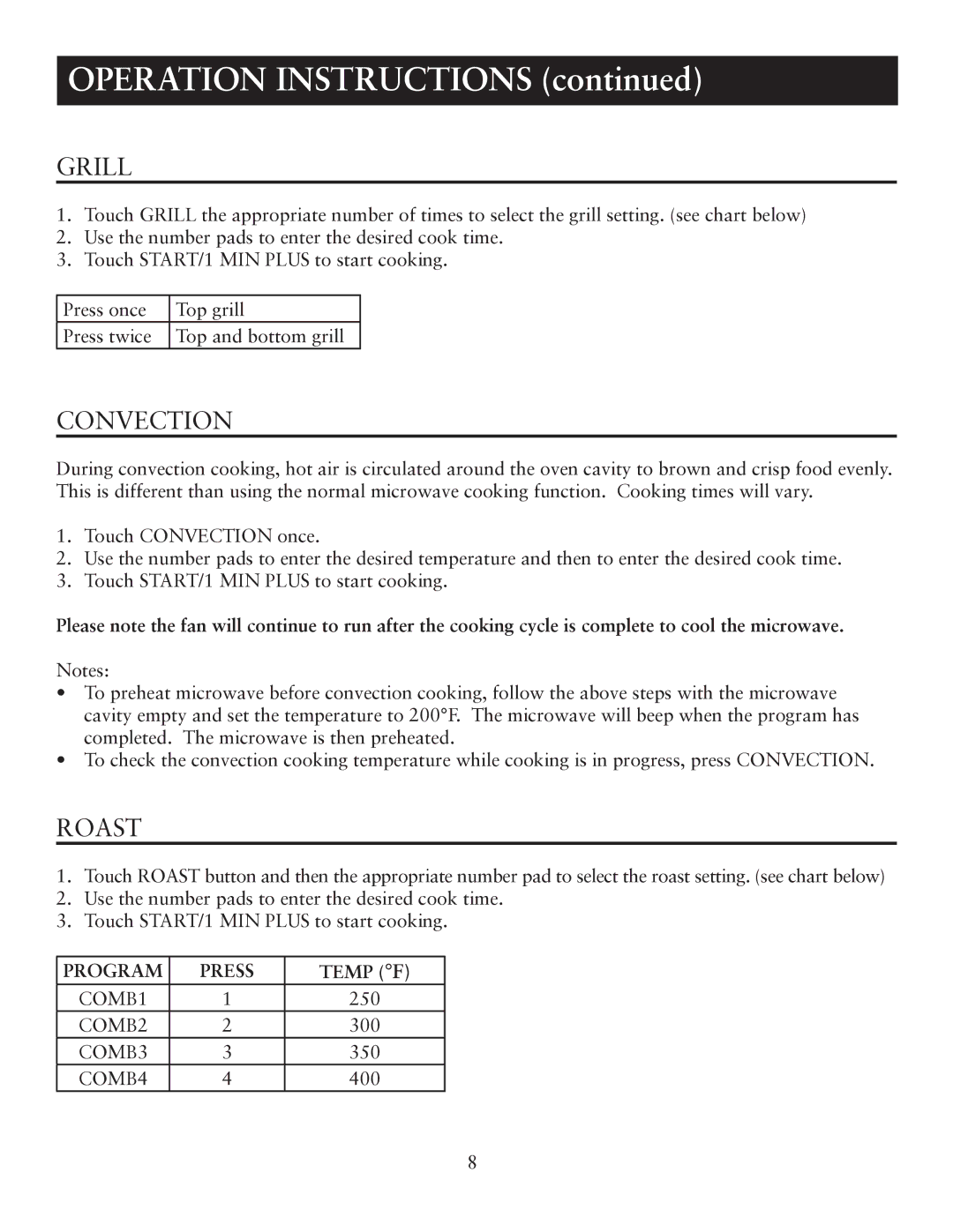 Oster OTM1101VBS user manual Operation Instructions, Grill, Convection, Roast 