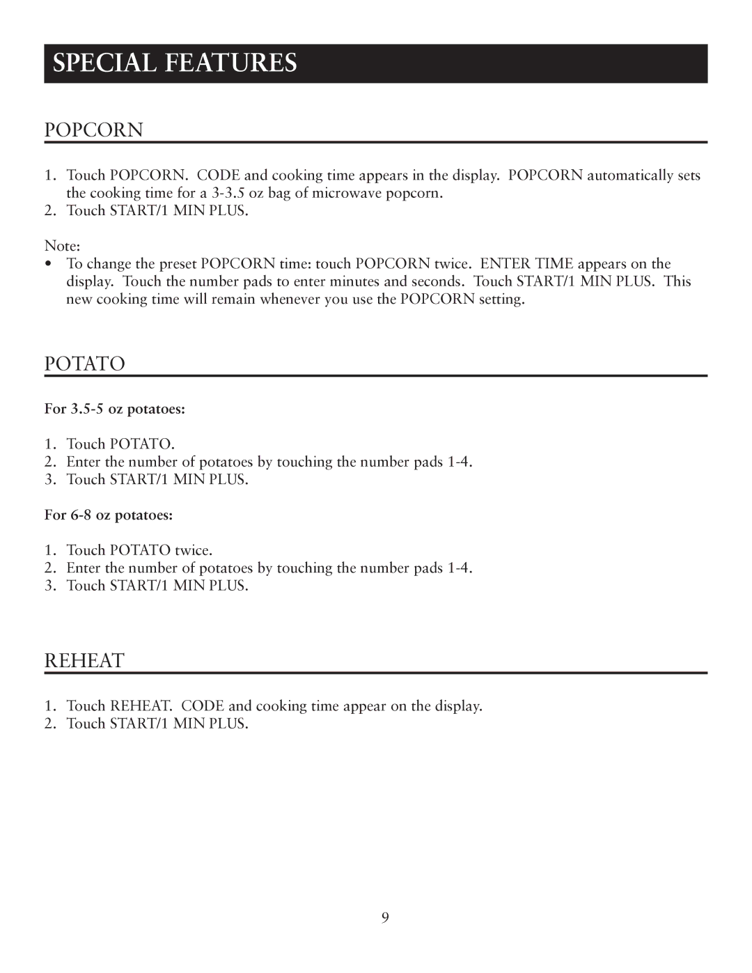 Oster OTM1101VBS user manual Special Features, Popcorn, Potato, Reheat 