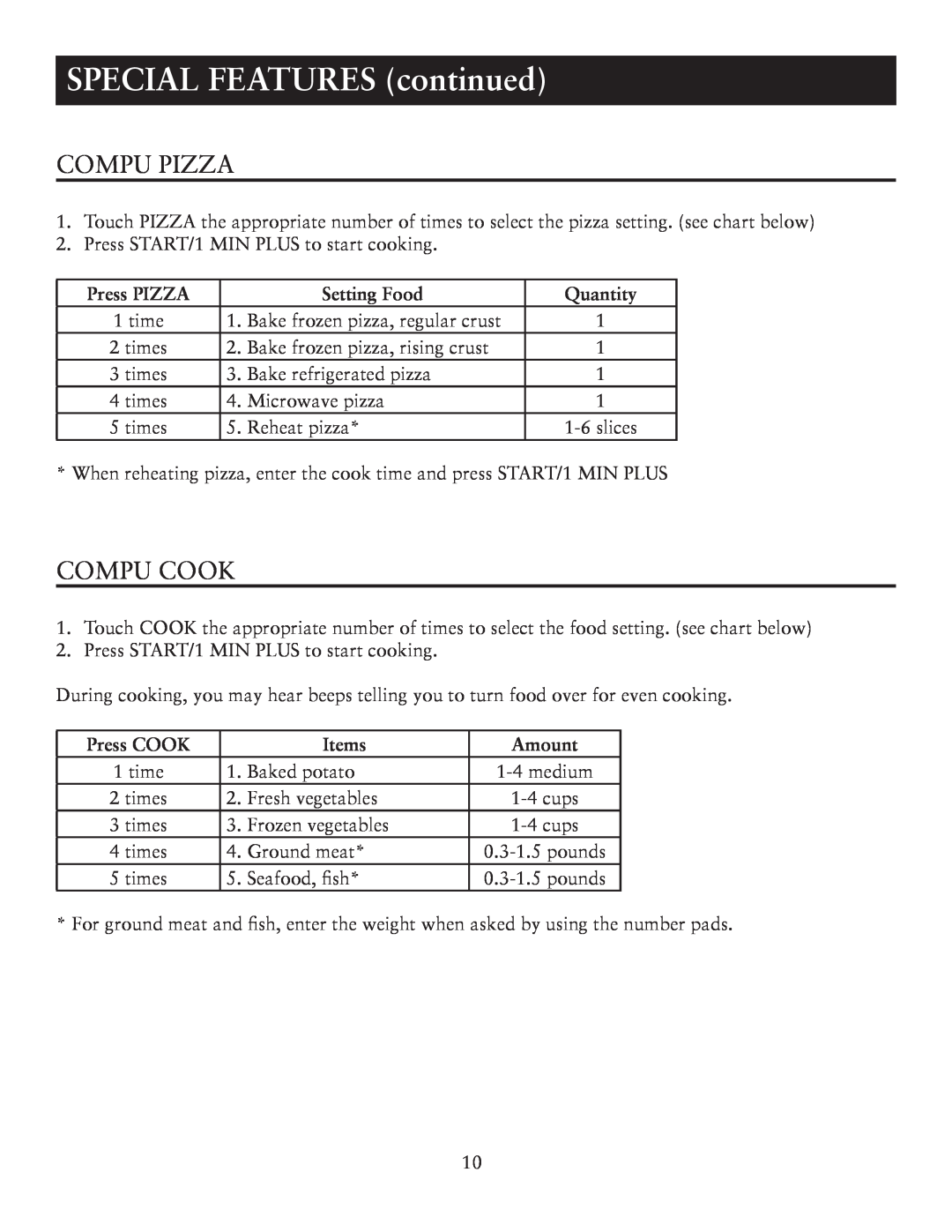 Oster OTM1101VBS SPECIAL FEATURES continued, Compu Pizza, Compu Cook, Press PIZZA, Setting Food, Quantity, Press COOK 