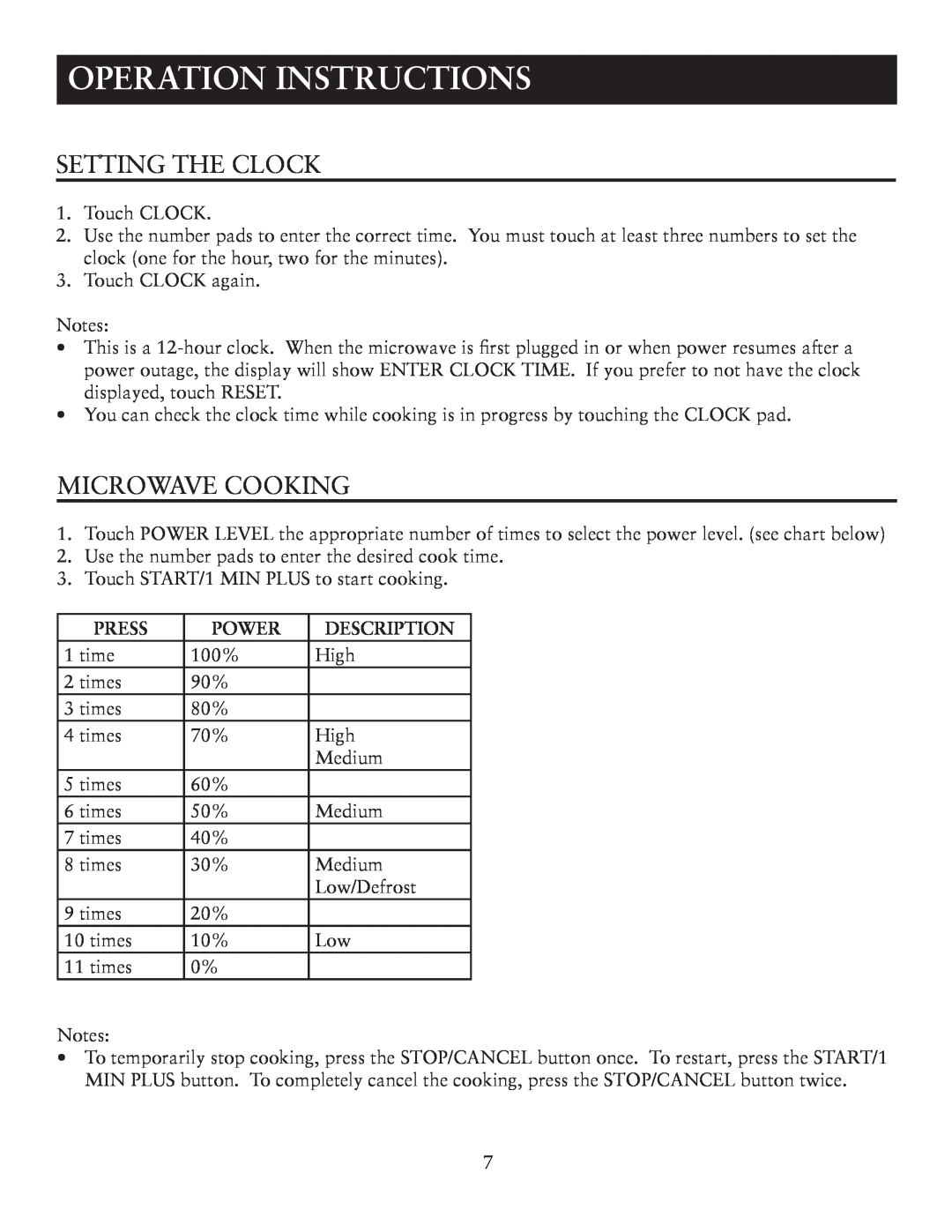 Oster OTM1101VBS user manual Operation Instructions, Setting The Clock, Microwave Cooking, Press, Power, Description 