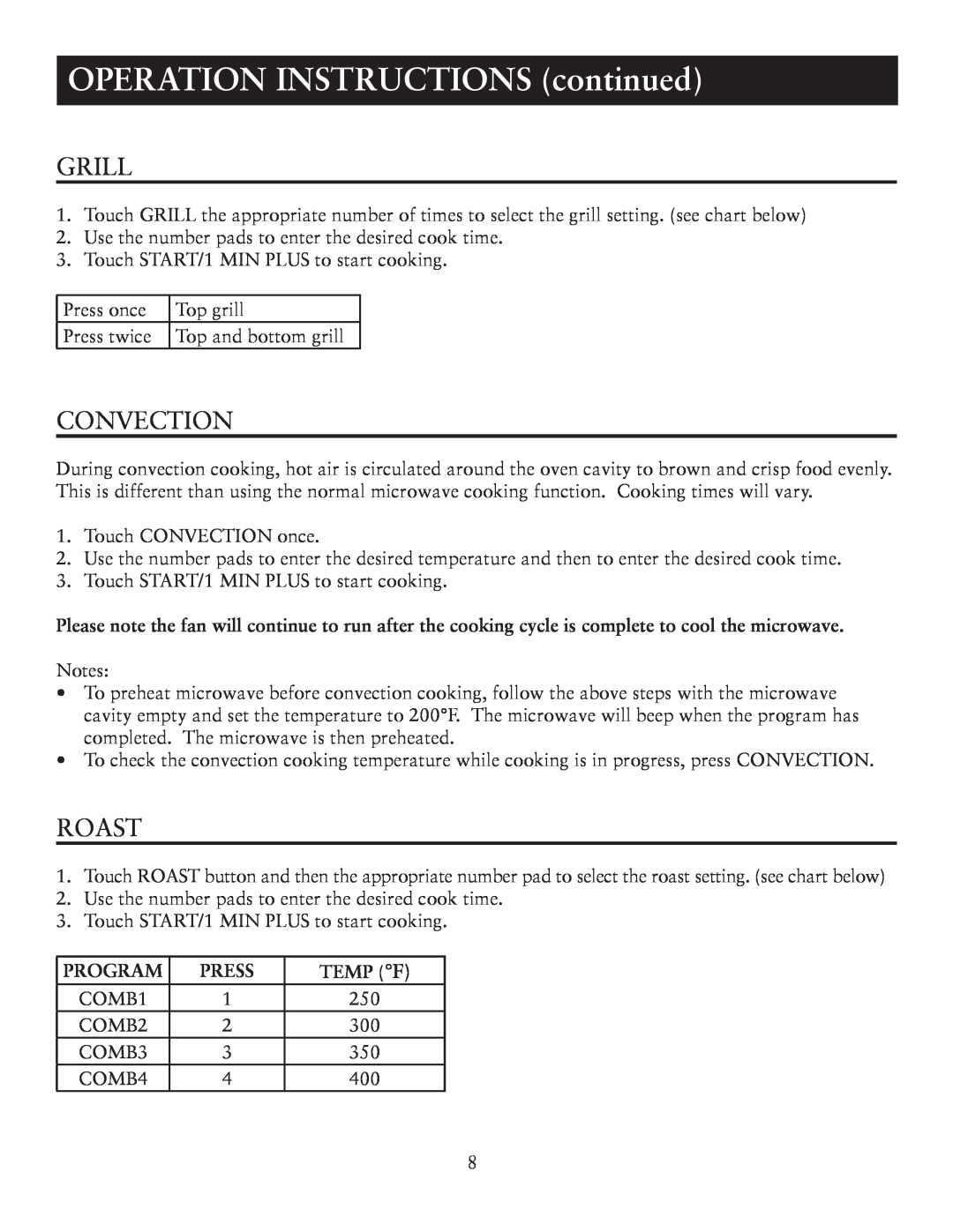 Oster OTM1101VBS user manual OPERATION INSTRUCTIONS continued, Grill, Convection, Roast, Program, Press, Temp F 