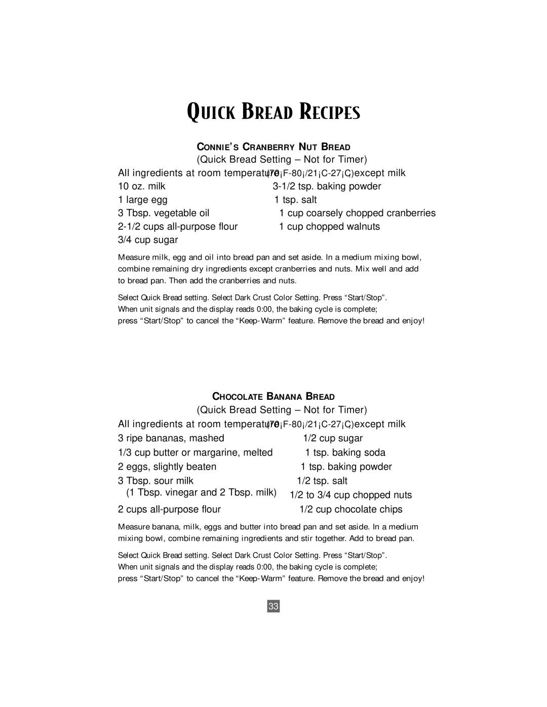 Oster P. N. 101017 Quick Bread Recipes, Quick Bread Setting Not for Timer, Cups all-purpose flour Cup chocolate chips 