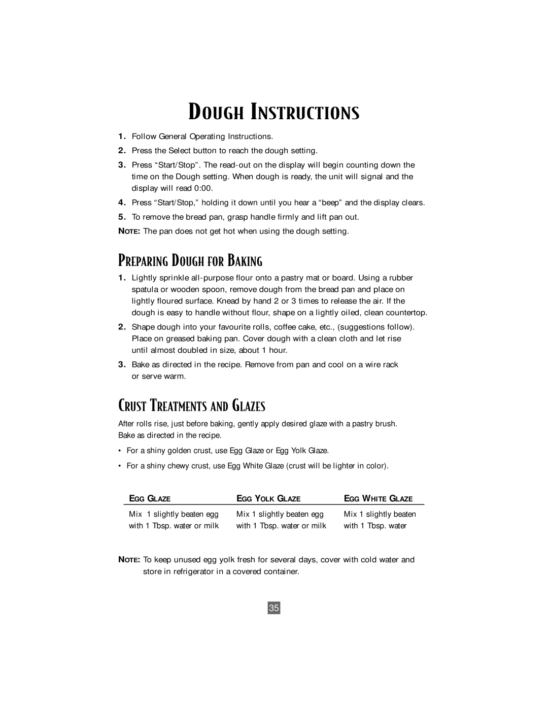 Oster P. N. 101017 Dough Instructions, Preparing Dough for Baking, Crust Treatments and Glazes, Mix 1 slightly beaten egg 