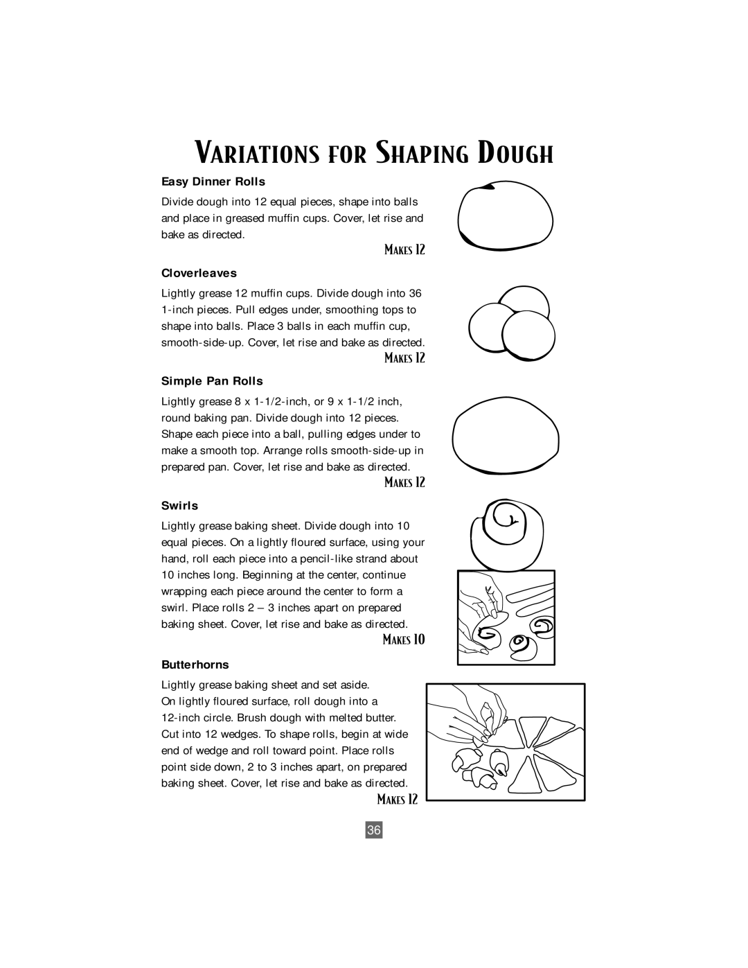 Oster P. N. 101017 manual Variations for Shaping Dough, Easy Dinner Rolls 