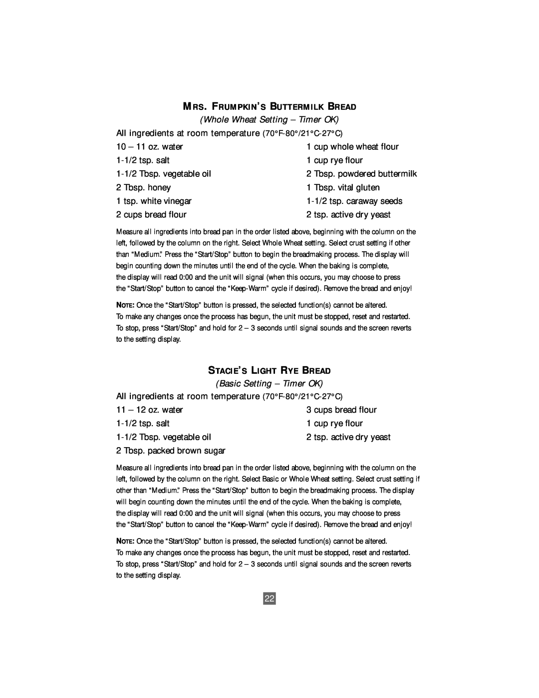 Oster P. N. 101017 manual Whole Wheat Setting - Timer OK, Basic Setting - Timer OK, Mrs. Frumpkin’S Buttermilk Bread 