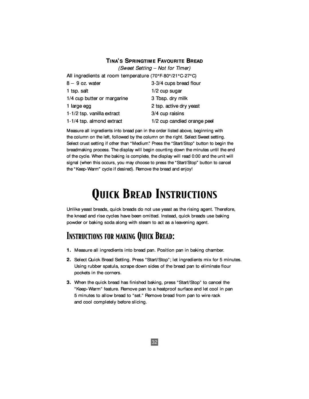 Oster P. N. 101017 manual Quick Bread Instructions, Instructions For Making Quick Bread, Sweet Setting - Not for Timer 