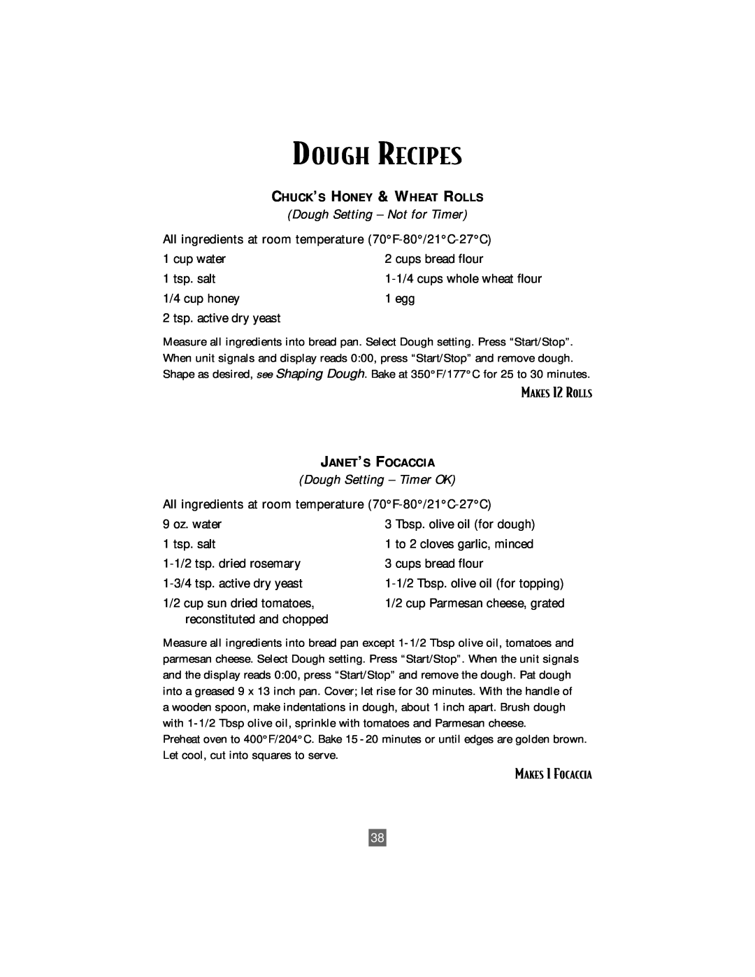 Oster P. N. 101017 manual Dough Recipes, Dough Setting - Not for Timer, Dough Setting - Timer OK 