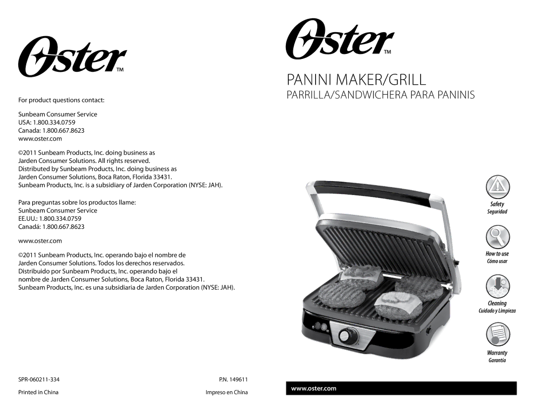 Oster SPR-060211-334, Panini Maker/Grill warranty Panini maker/grill 