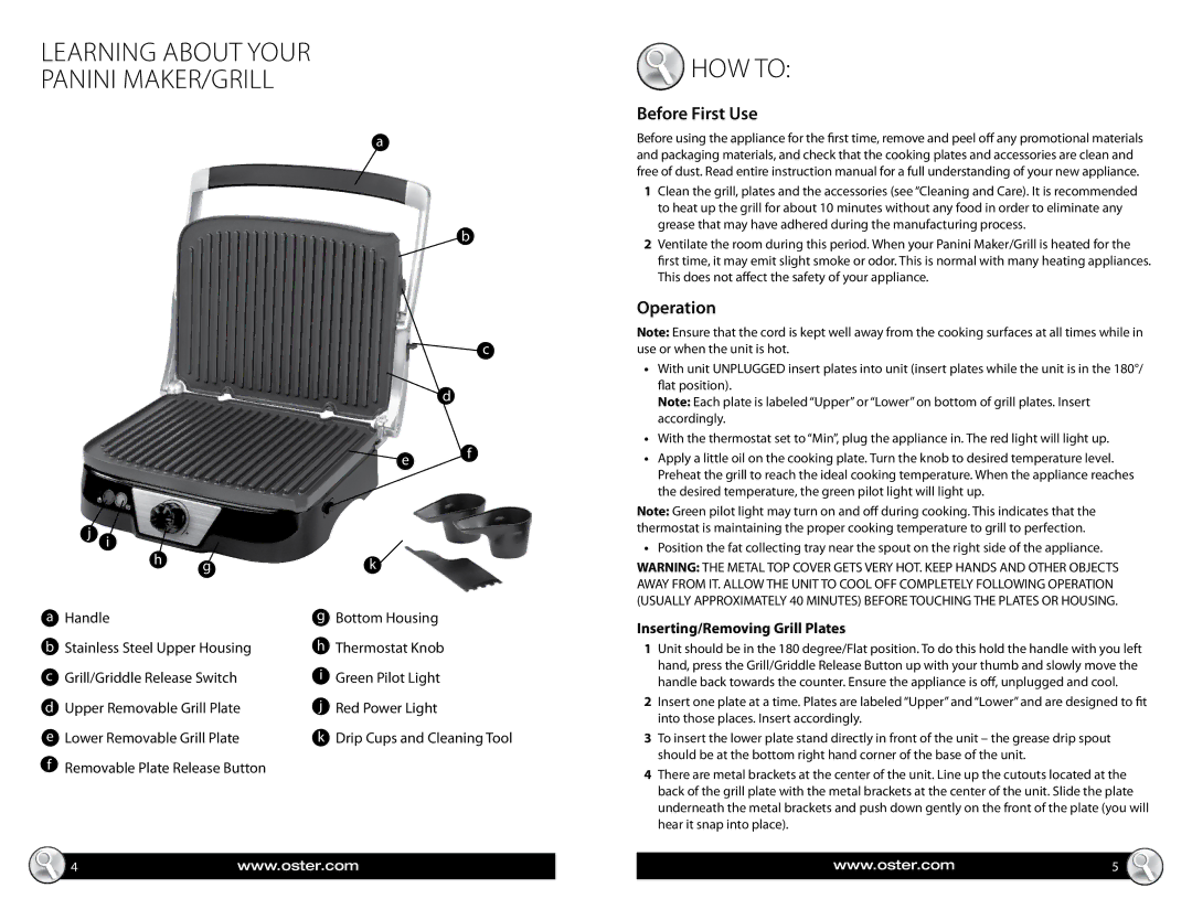 Oster SPR-060211-334, Panini Maker/Grill warranty Learning about your Panini MAKER/grill HOW To, Before First Use, Operation 