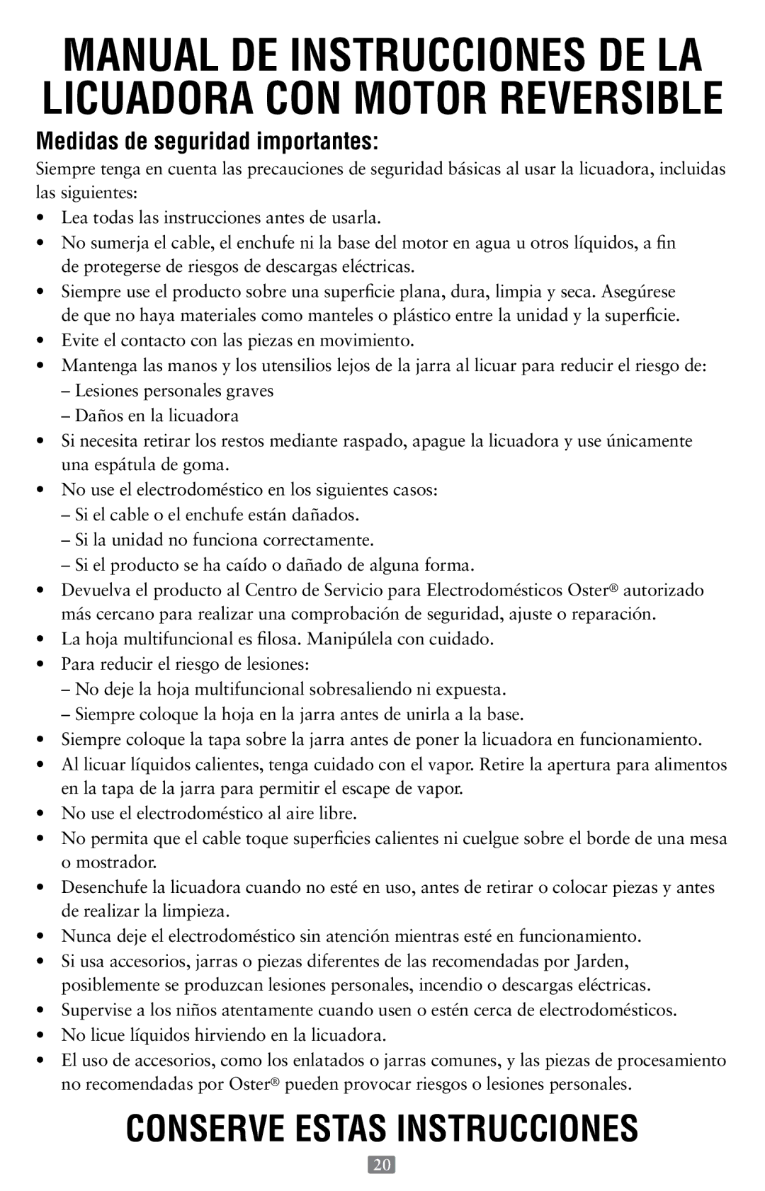 Oster P.N. 118532-005-000 instruction manual Conserve estas instrucciones, Medidas de seguridad importantes 