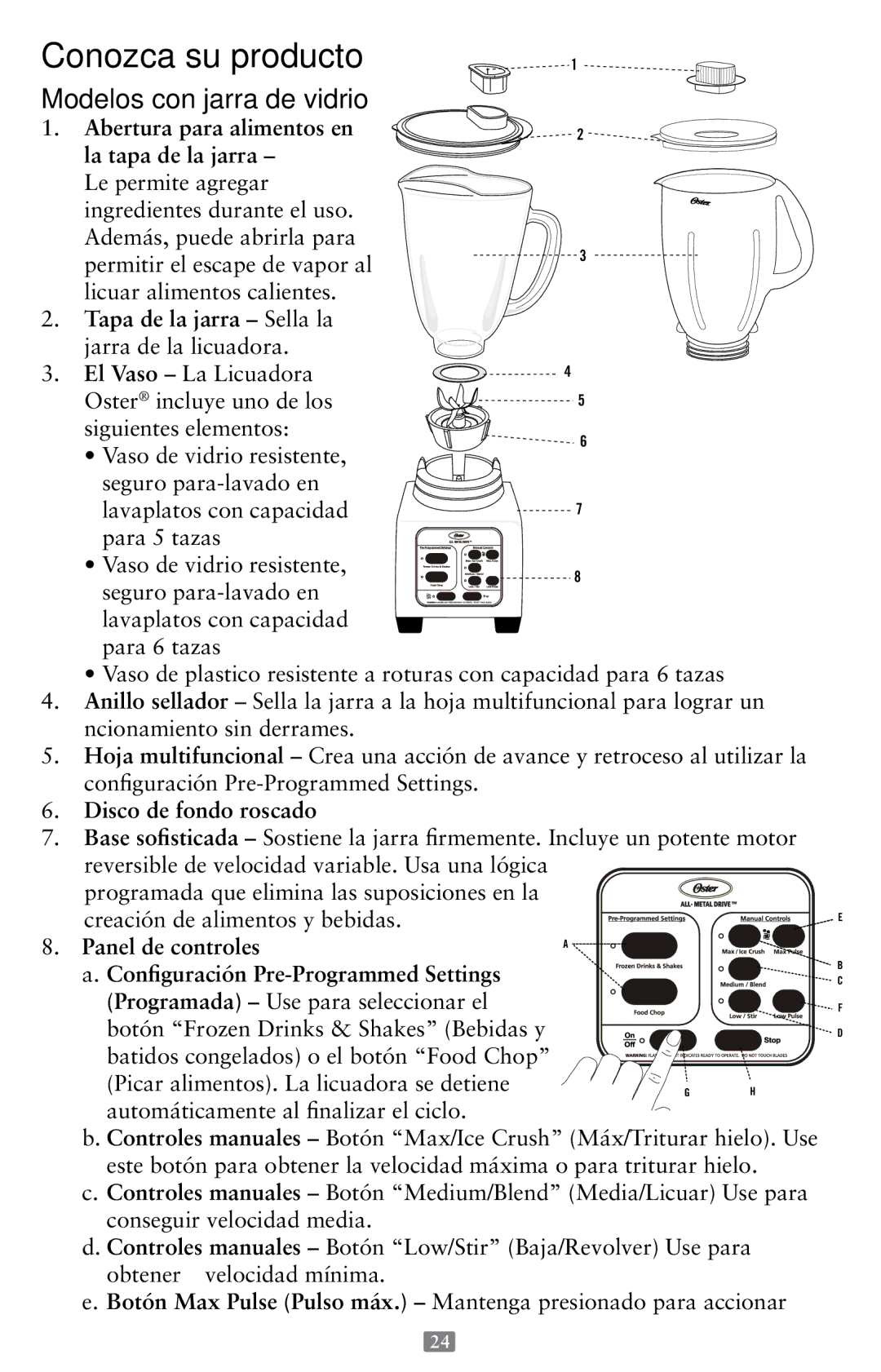 Oster P.N. 118532-005-000 instruction manual Conozca su producto, Modelos con jarra de vidrio 