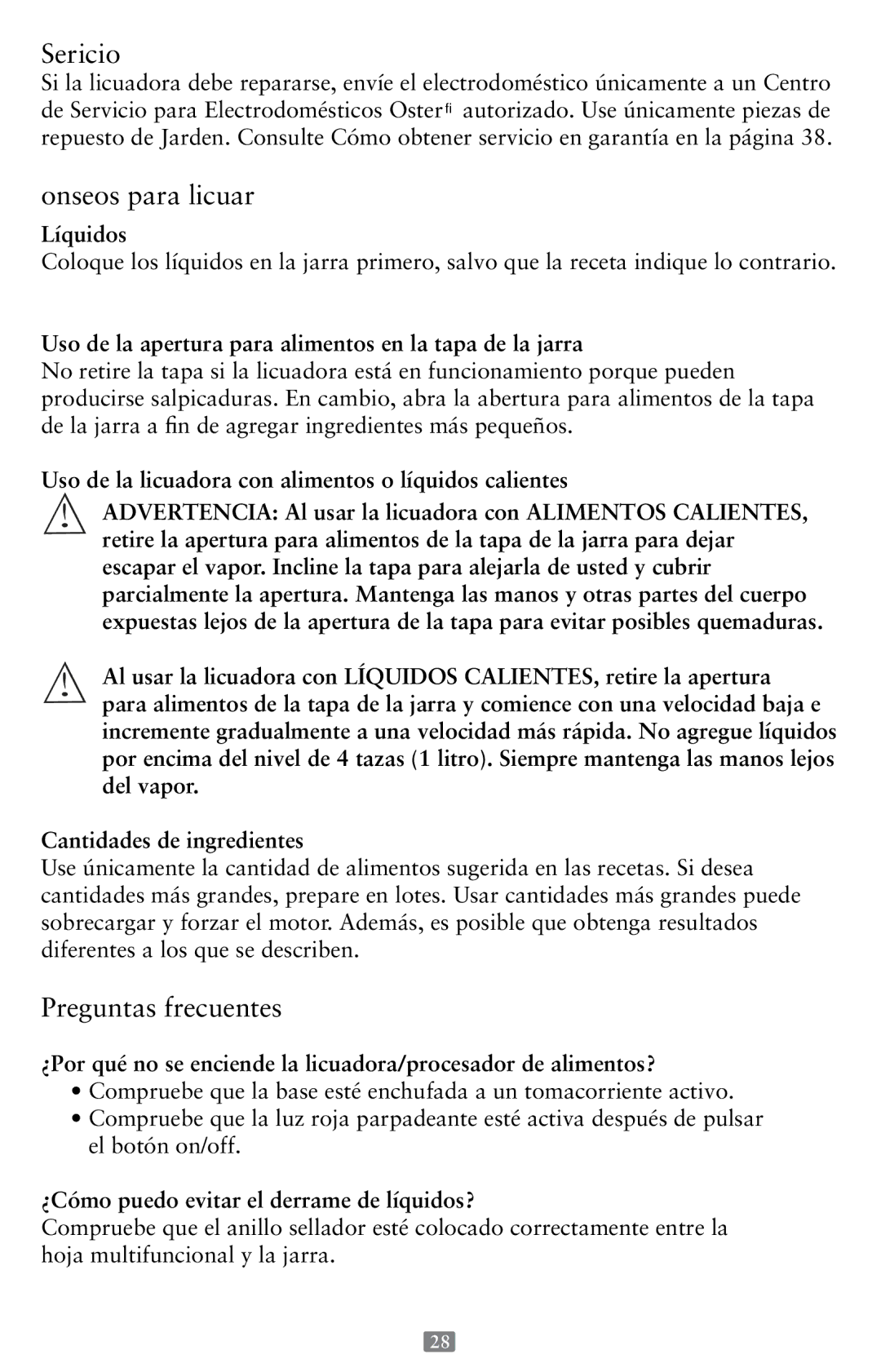 Oster P.N. 118532-005-000 instruction manual Servicio, Consejos para licuar, Preguntas frecuentes 