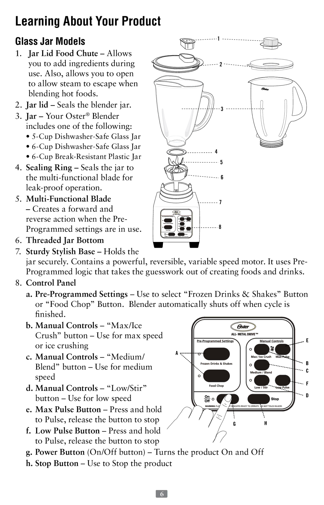 Oster P.N. 118532-005-000 instruction manual Learning About Your Product, Glass Jar Models 