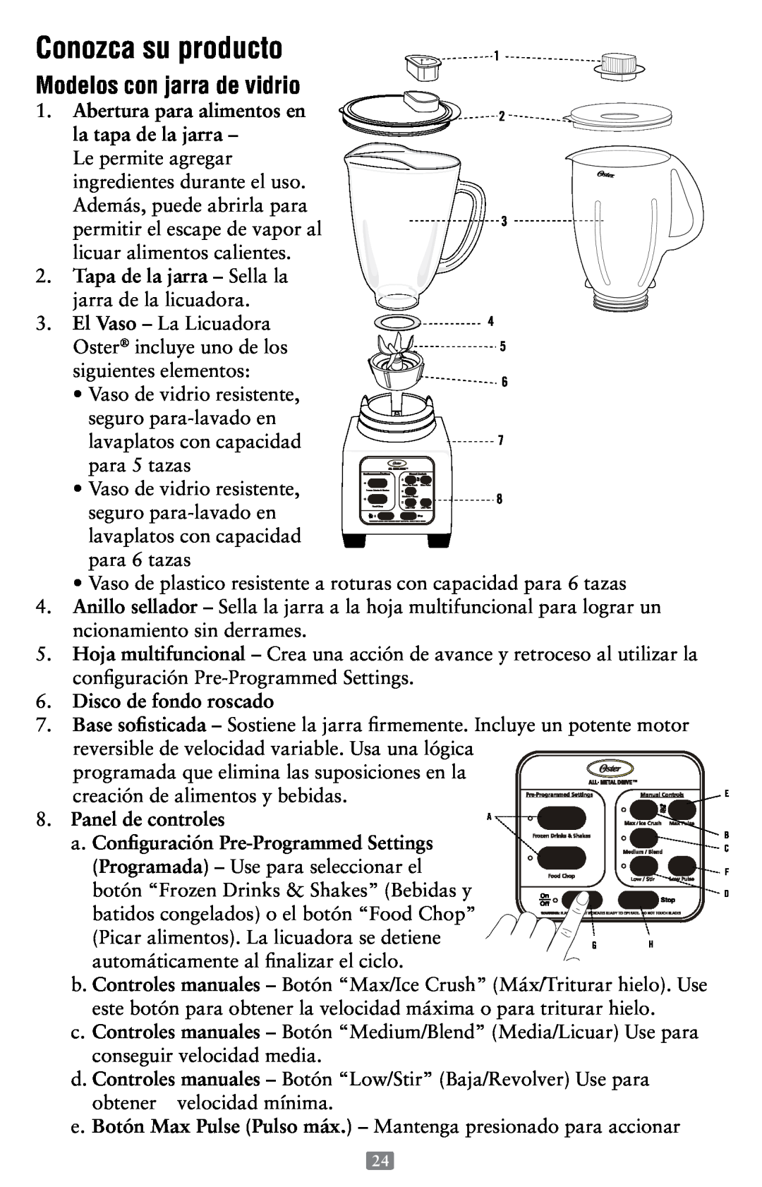 Oster P.N. 118532-005-000 Conozca su producto, Modelos con jarra de vidrio, Abertura para alimentos en, Panel de controles 