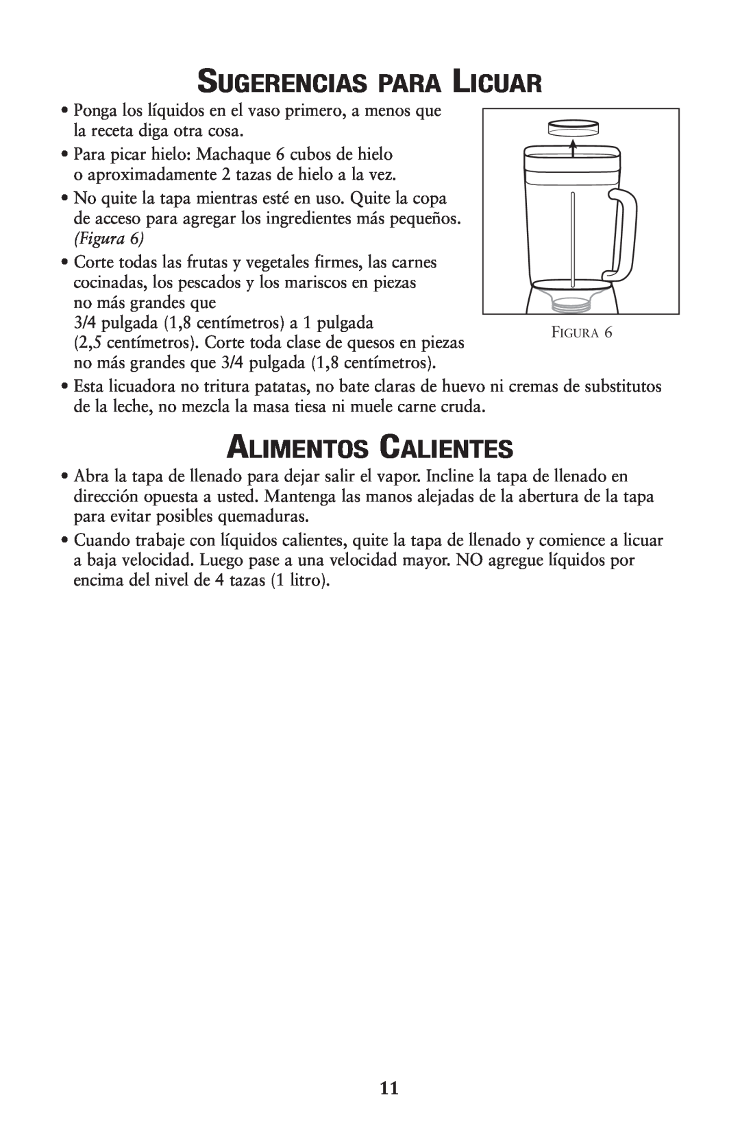 Oster P.N. 133086 user manual Sugerencias Para Licuar, Alimentos Calientes, Figura 