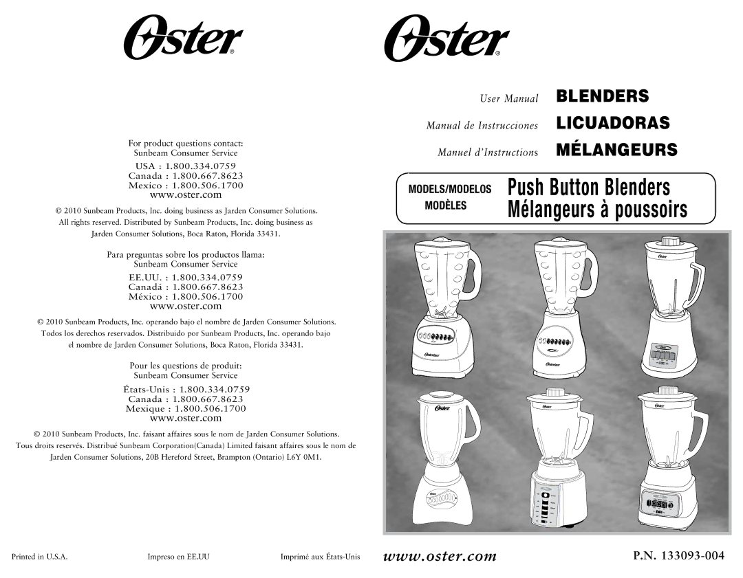 Oster P.N. 133093-004 user manual Push Button Blenders 