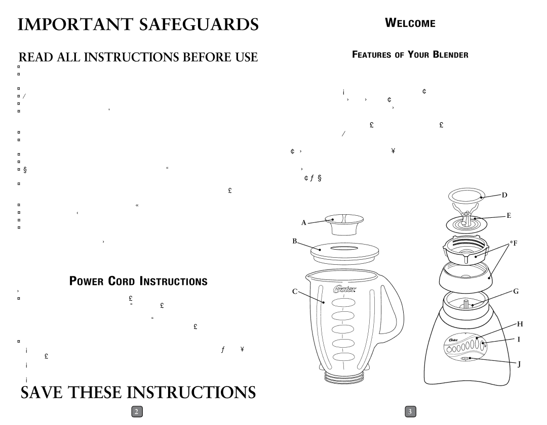 Oster P.N. 133093-004 Important Safeguards, This Product Is for Household Use Only, Power Cord Instructions, Welcome 