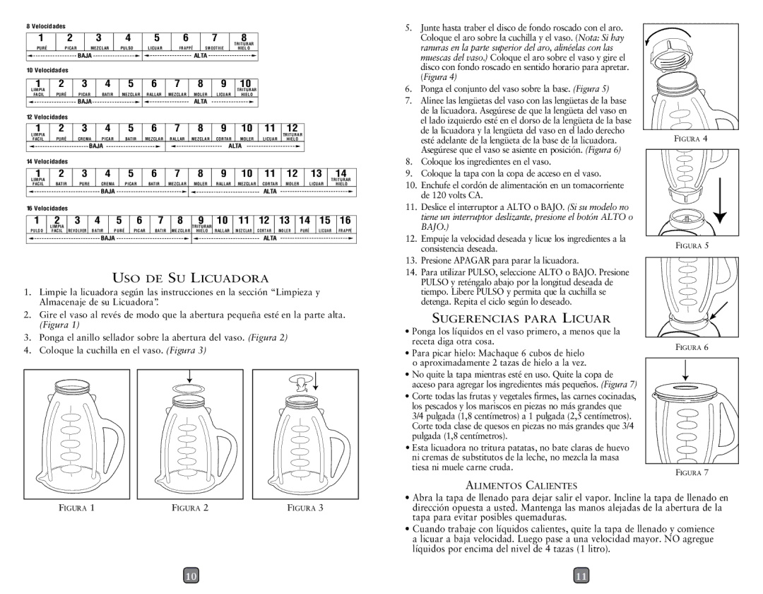 Oster P.N. 133093-004 user manual Uso de Su Licuadora, Sugerencias para Licuar 