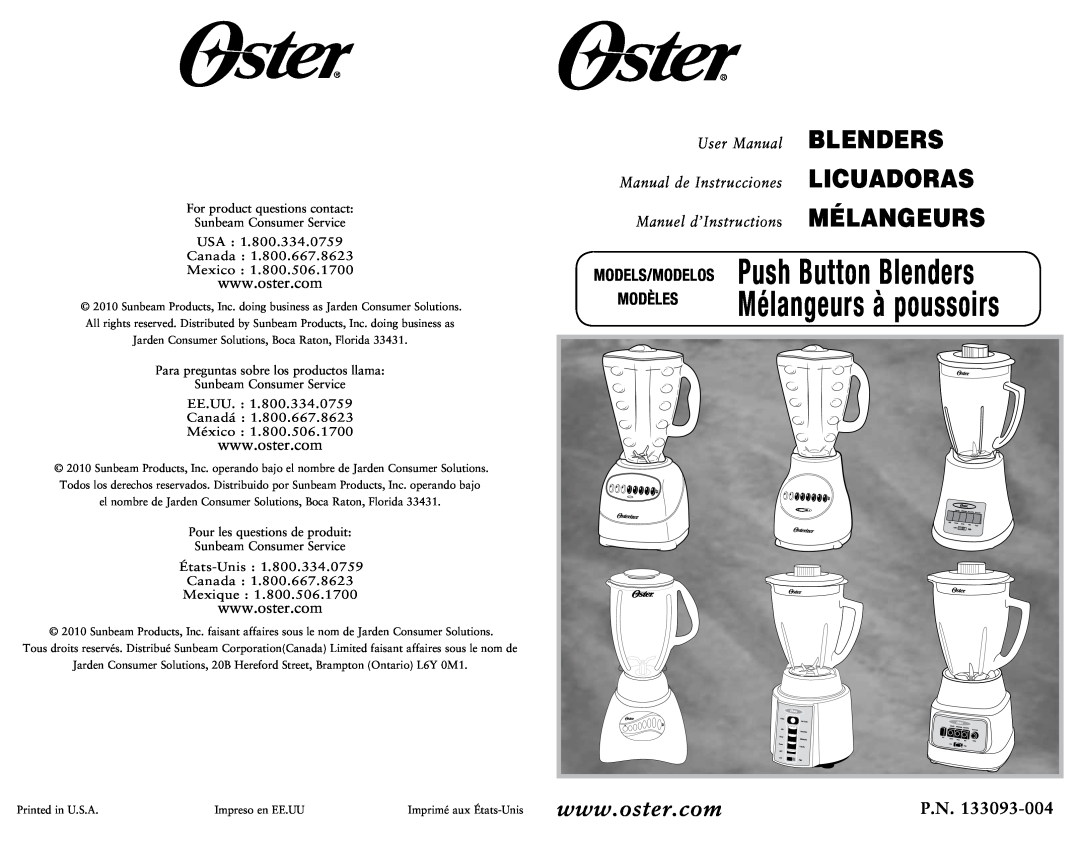 Oster 133093-004 user manual Modèles, Models/Modelos, Push Button Blenders, Mélangeurs à poussoirs, Licuadoras 