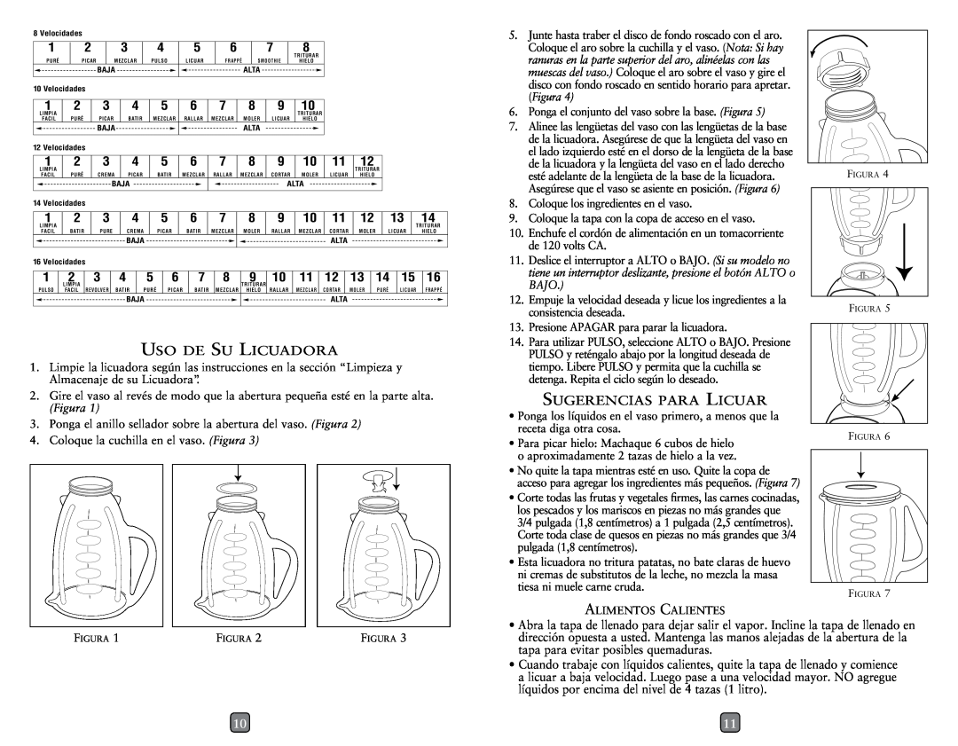 Oster P.N. 133093-004 user manual Uso de Su Licuadora, Sugerencias para Licuar 