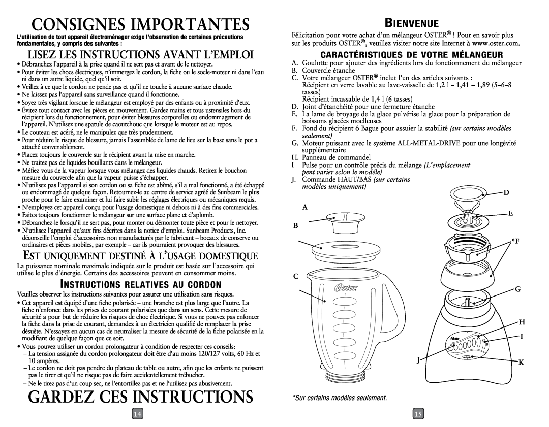 Oster P.N. 133093-004 Consignes Importantes, Gardez Ces Instructions, Bienvenue, caractéristiques de votre mélangeur 