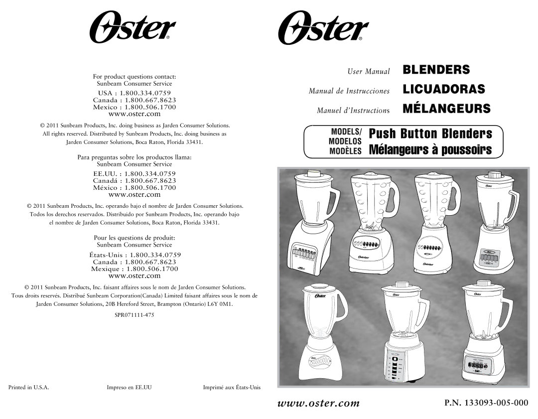 Oster P.N. 133093-005-000 user manual Push Button Blenders 