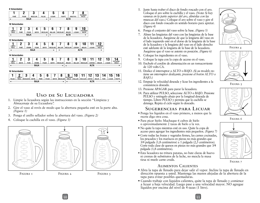 Oster P.N. 133093-005-000 user manual USO DE SU Licuadora, Sugerencias Para Licuar, Alimentos Calientes 