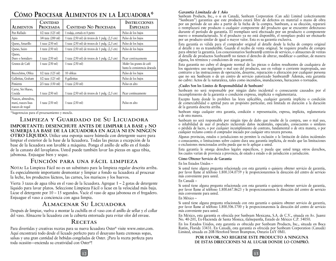 Oster P.N. 133093-005-000 user manual Limpieza Y Guardado DE SU Licuadora, Almacenar SU Licuadora, Recetas 