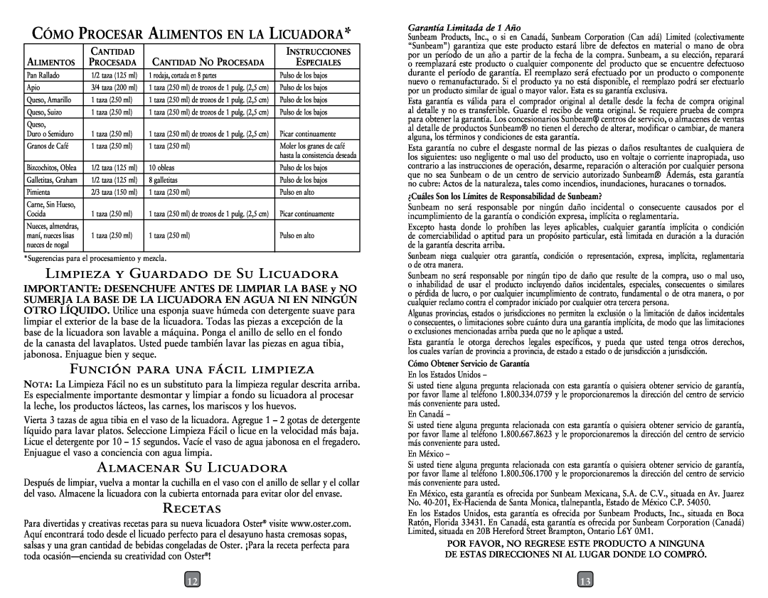 Oster P.N. 133093-005-000 user manual Limpieza Y Guardado De Su Licuadora, Almacenar Su Licuadora, Recetas 