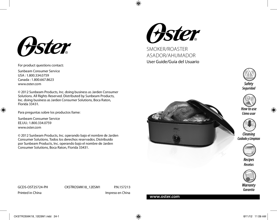 Oster CKSTROSMK18_12ESM1, P.N.157213, Oster Smoker/Roaster, GCDS-OST25724-PH warranty Smoker/Roaster Asador/Ahumador 