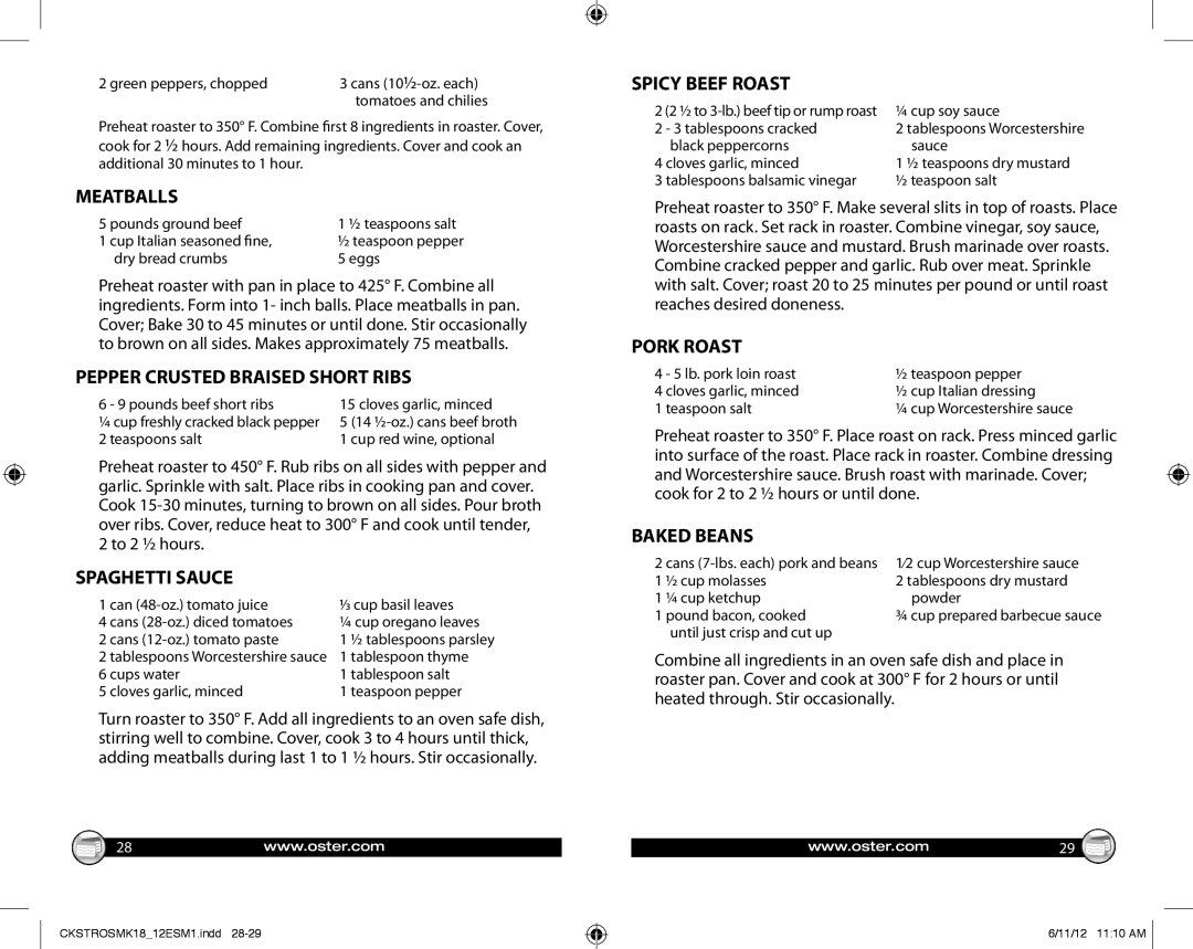 Oster GCDS-OST25724-PH warranty Meatballs, Pepper Crusted Braised Short Ribs, Spaghetti Sauce, Spicy Beef Roast, Pork Roast 