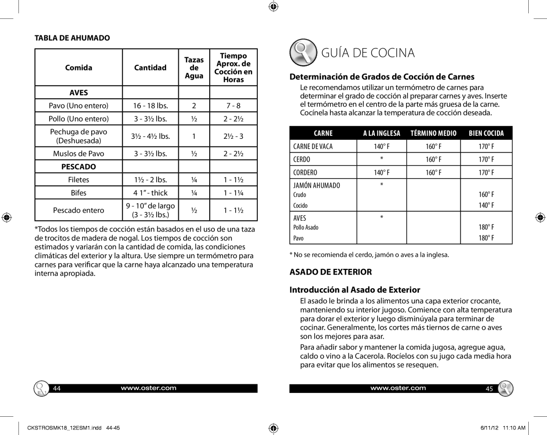 Oster GCDS-OST25724-PH, P.N.157213 warranty Guía DE Cocina, Determinación de Grados de Cocción de Carnes, Asado DE Exterior 