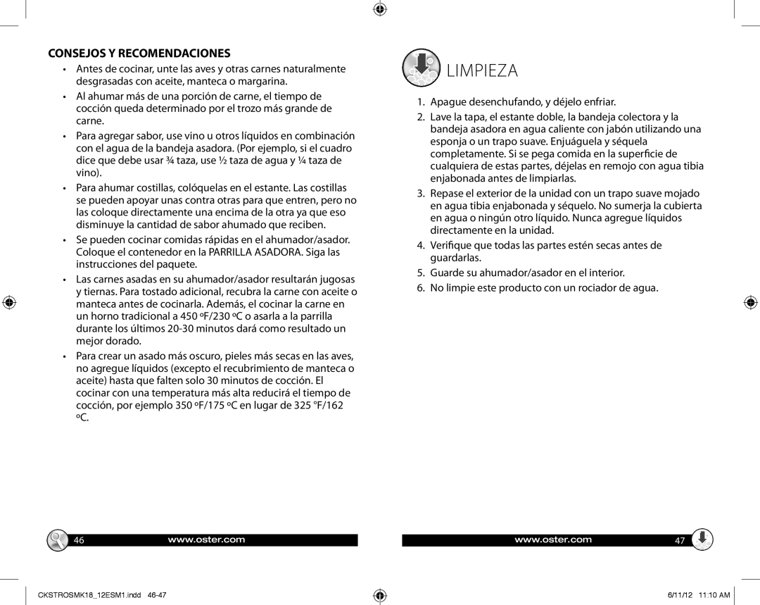 Oster P.N.157213, CKSTROSMK18_12ESM1, Oster Smoker/Roaster, GCDS-OST25724-PH warranty Limpieza, Consejos Y Recomendaciones 