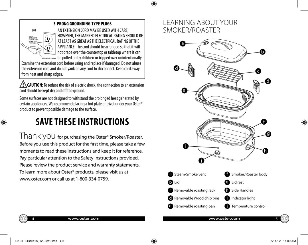 Oster GCDS-OST25724-PH, P.N.157213, CKSTROSMK18_12ESM1 Learning about Your SMOKER/ROASTER, Prong GROUNDING-TYPE Plugs 