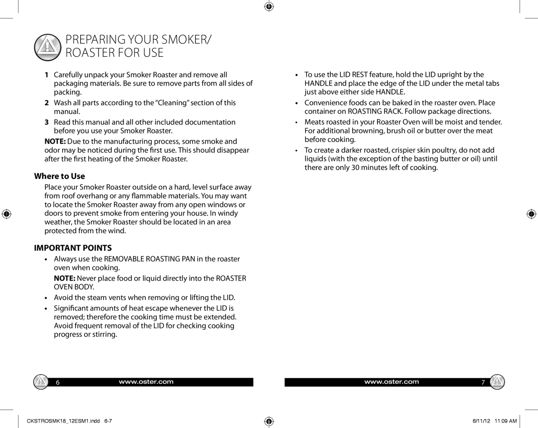 Oster P.N.157213, CKSTROSMK18_12ESM1 warranty Preparing Your Smoker Roaster for USE, Where to Use, Important Points 