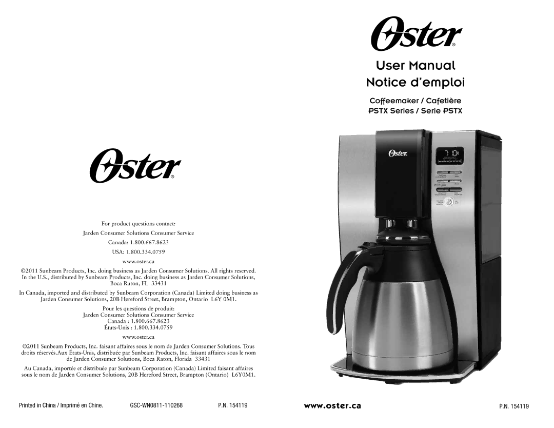 Oster PSTX Series user manual Coffeemaker / Cafetière Pstx Series / Serie Pstx 