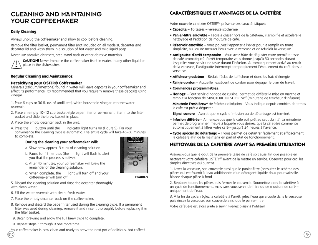 Oster Series Cleaning and Maintaining Your Coffeemaker, Caractéristiques ET Avantages DE LA Cafetière, Daily Cleaning 
