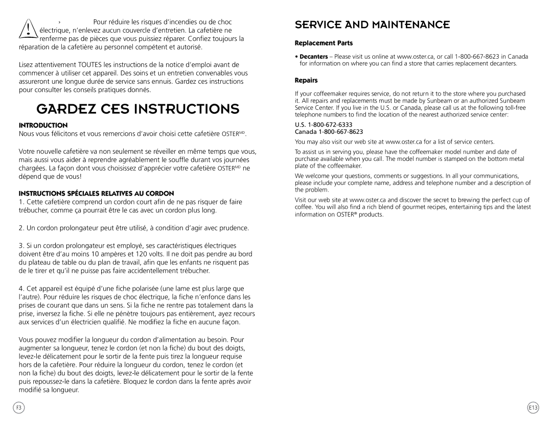 Oster PSTX Series Gardez CES Instructions, Service and Maintenance, Instructions Spéciales Relatives AU Cordon 