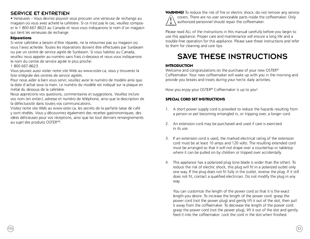 Oster PSTX Series user manual Réparations, Introduction, Special Cord SET Instructions 