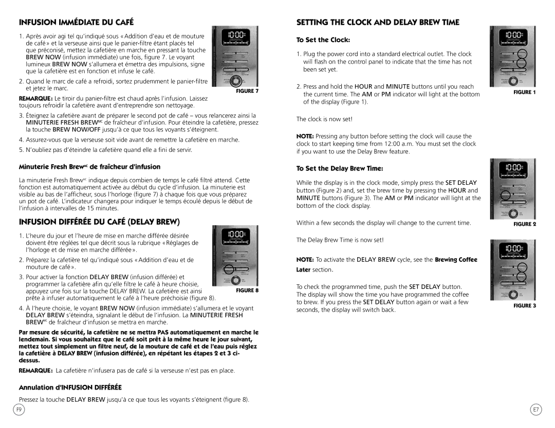 Oster Series, PSTX Infusion Immédiate DU Café, Infusion Différée DU Café Delay Brew, Setting the Clock and Delay Brew Time 