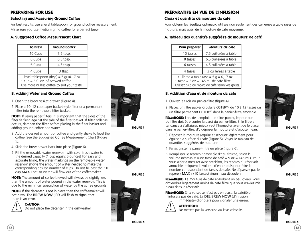 Oster PSTX Series user manual Preparing for USE, Préparatifs EN VUE DE L’INFUSION 