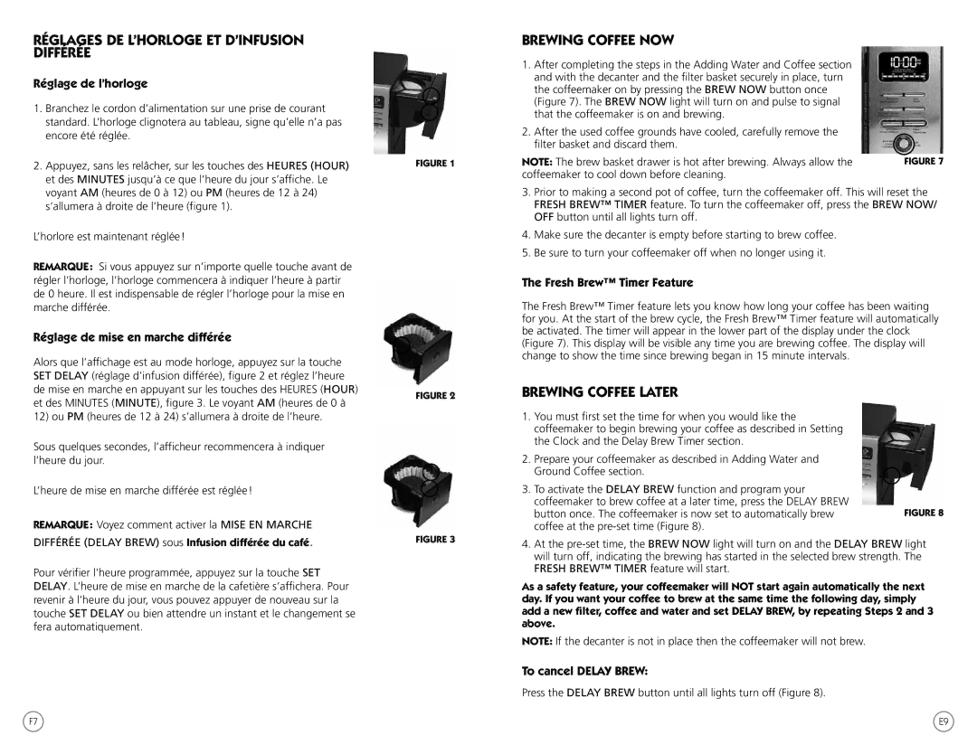 Oster PSTX Series user manual Réglages DE L’HORLOGE ET D’INFUSION Différée, Brewing Coffee NOW, Brewing Coffee Later 